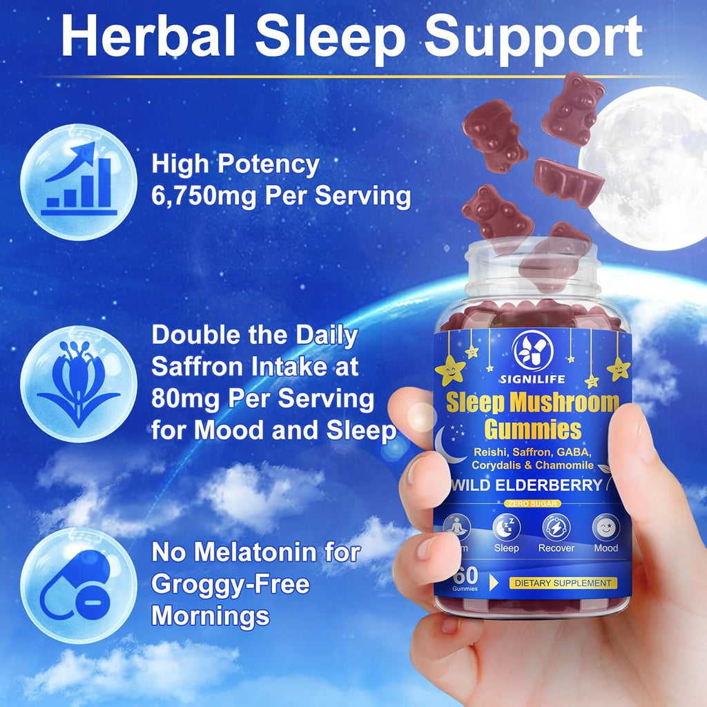 Sleep Mushroom Gummies with Reishi & Lions Mane -Natural Sleep Aid & Relaxation Supplement, Wild Elderberry Flavor, Non-GMO, No Sugar, 60 Count