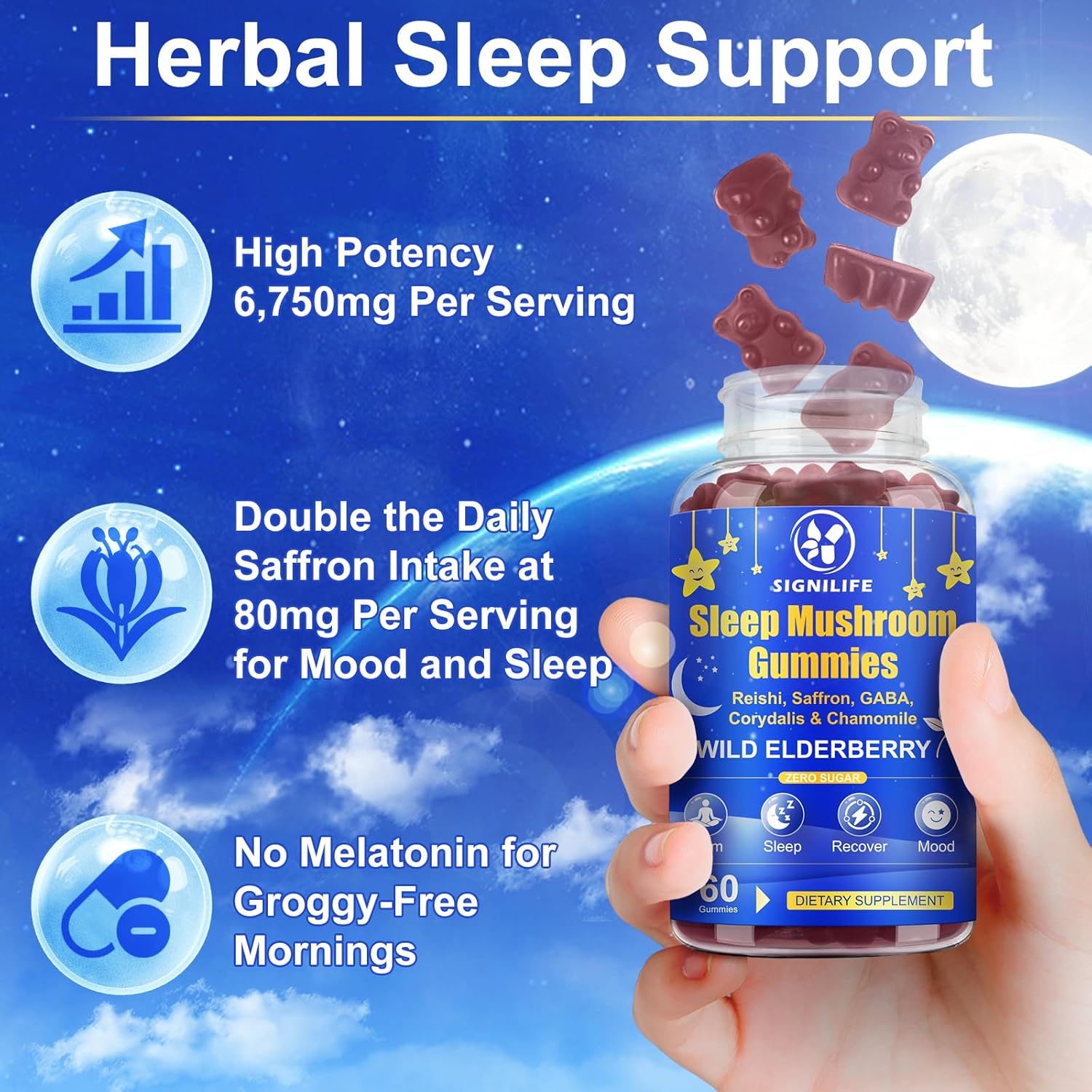 Sleep Mushroom Gummies with Reishi & Lions Mane -Natural Sleep Aid & Relaxation Supplement, Wild Elderberry Flavor, Non-GMO, No Sugar, 60 Count