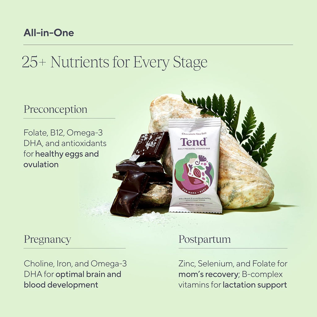 Tend Daily Best Prenatal Vitamin Bar, Made with Organic Ingredients for Pregnant & Postpartum Mothers, Includes DHA, Vitamin D, B, Choline, Folate - Chocolate Sea Salt (4ct)