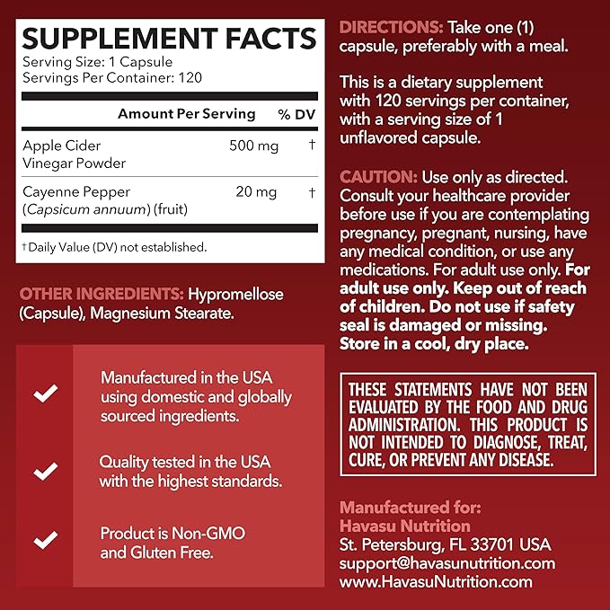 Apple Cider Vinegar Capsules with Cayenne Pepper for Digestive Health Support - 500mg ACV and 20mg Capsicum Annuum - Easy-to-Take, Unflavored Pills - 120 Count - Vegan, Non-GMO - 4 Month Supply