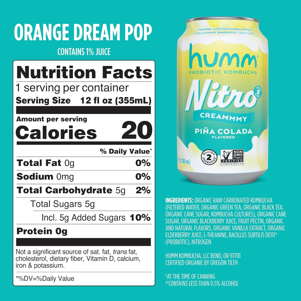 Humm Nitro Kombucha Piña Colada, Creamy Smooth Probiotic Drink with L-Theanine, Non-GMO, Vegan, Gluten Free, 12 fl oz (Pack of 12)