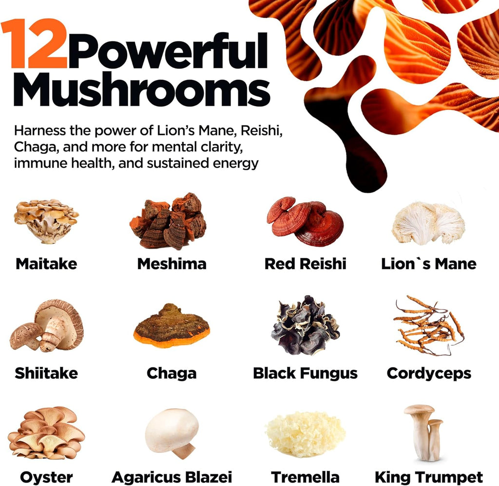 KIKI Green 12 Mushroom Powder 4 oz - Lion's Mane, Cordyceps, Chaga, Reishi, Shiitake, Maitake & More - Vegan, Fruiting Body Mushroom Supplement Powder for Focus, Energy, Immunity