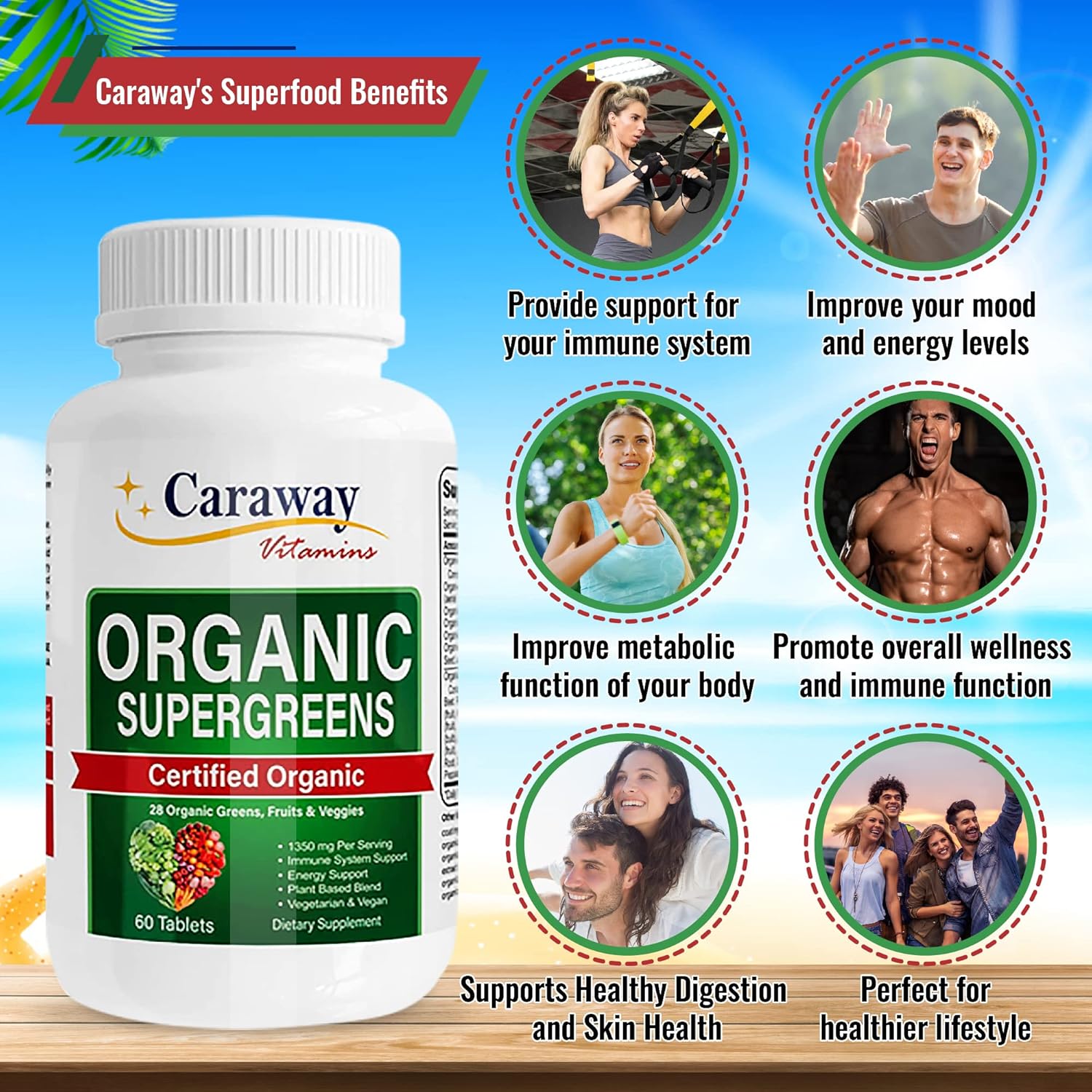 Organic Superfoods Vitamins Super Greens Complex by Caraway Vitamins 1,350 mg per Serving 28 Fruits Vegetables Greens 60 Count Tablets Non-GMO Natural for Men & Women