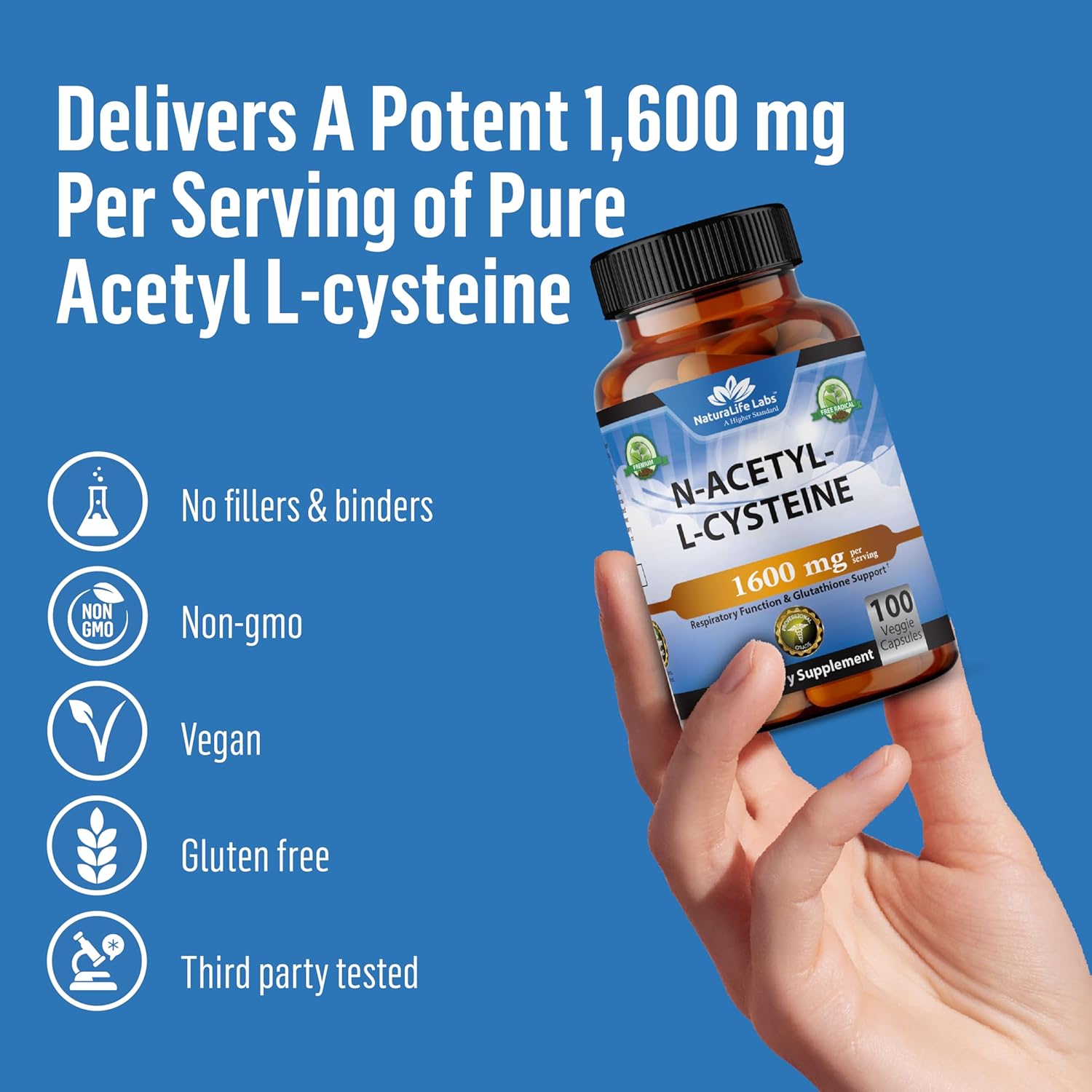 N-Acetyl-L-Cysteine (NAC) 1600 mg – Immune Support & Antioxidant Protection*, Helps Neutralize Free Radicals, Free Form, Exercise Performance – 100 Veggie Capsules