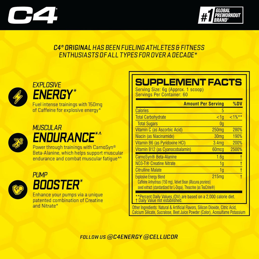Cellucor C4 Original Pre Workout Powder Pink Lemonade Vitamin C for Immune Support Sugar Free Preworkout Energy for Men & Women 150mg Caffeine + Beta Alanine + Creatine 60 Servings
