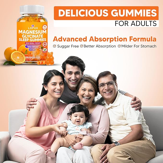Lofux Magnesium Glycinate Gummies 400mg, Sugar Free Magnesium Gummies for Adults Women, Men, Chewable Supplement Gummy with L-Threonate, Vitamin D, B6, CoQ10 - for Calm, Sleep, Body Relaxation, 60 Ct