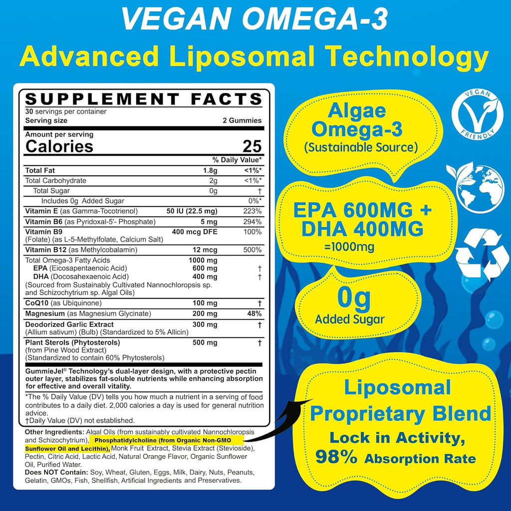 Vegan Omega-3 Gummies 1000mg +CoQ10+Magnesium- EPA 600mg DHA 400mg, Fish Oil Omega 3 Supplements Alternative for Women Men Adults, Liposomal, Algae, Plant Sterols, Garlic,B6,B9, B12, Sugar Free, 2Pack