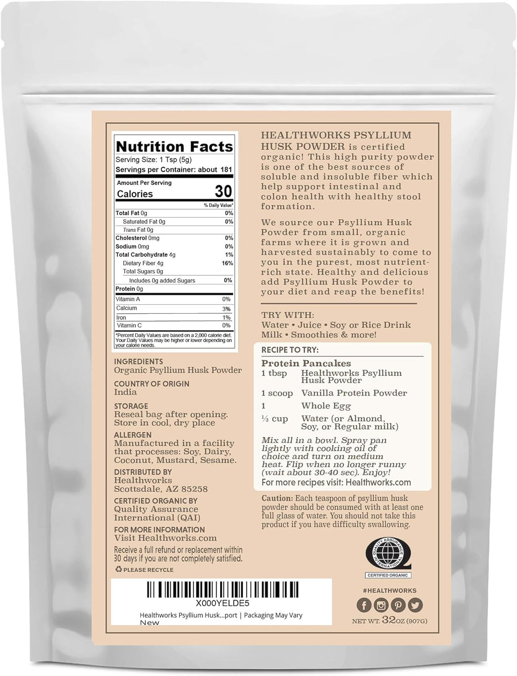 Healthworks Psyllium Husk Powder Organic - 32 Oz / 2 Lbs - Raw - Certified Organic - Finely Ground Powder from India - Keto, Vegan & Non-GMO - Fiber Support