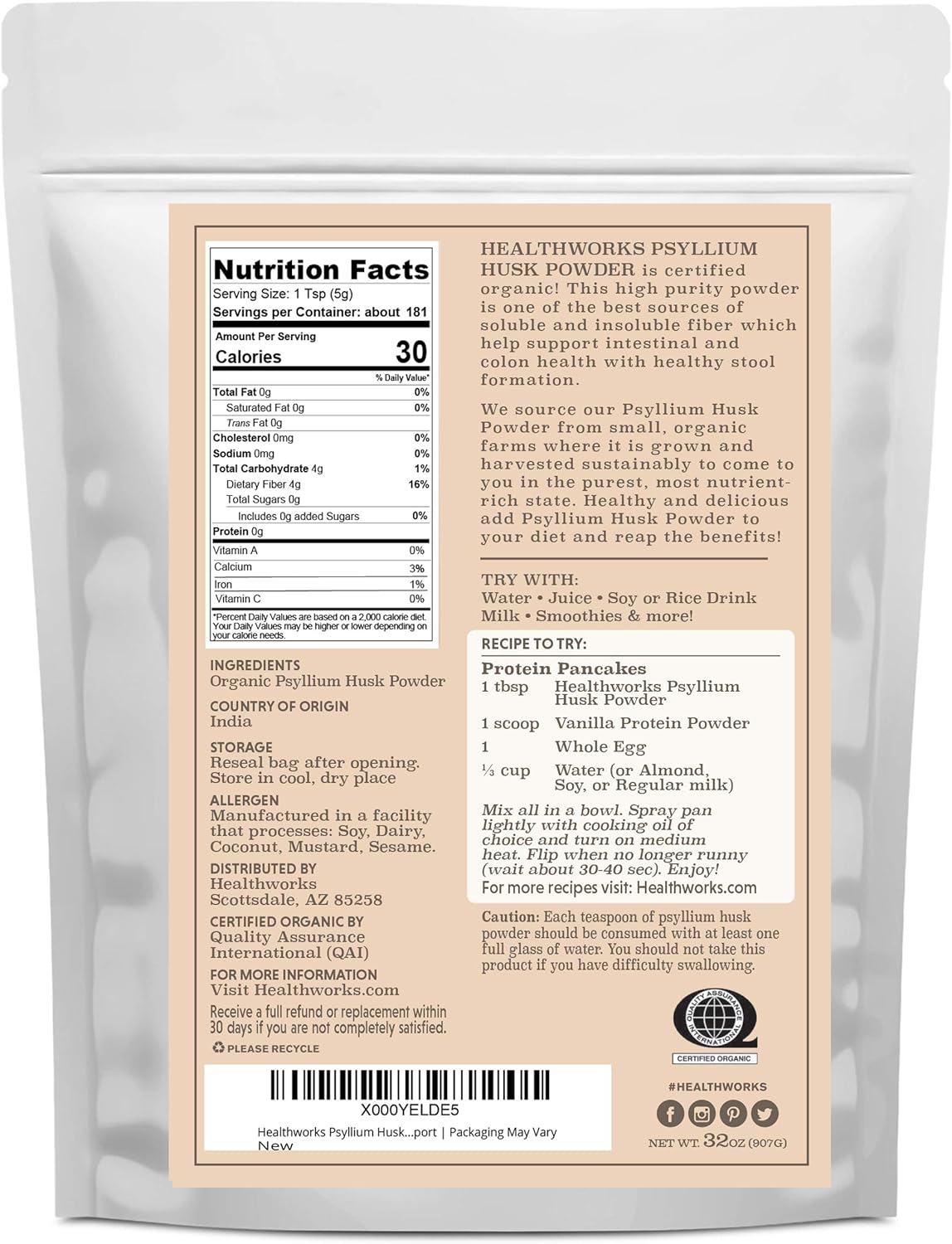 Healthworks Psyllium Husk Powder Organic - 32 Oz / 2 Lbs - Raw - Certified Organic - Finely Ground Powder from India - Keto, Vegan & Non-GMO - Fiber Support