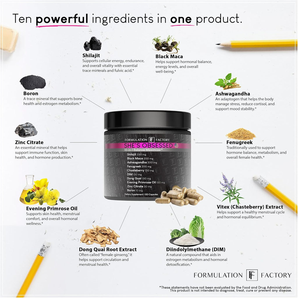 She's Obsessed: 10-in-1 Hormone Balance Maximizer with Shilajit, Maca, Ashwagandha, DIM, Dong Quai, Zinc & More for Vitality & Balance – 120 Capsules 2 Months