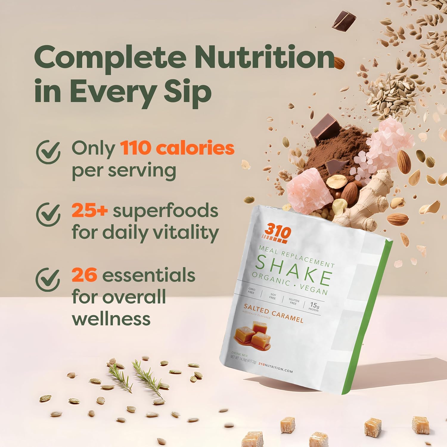 310 Nutrition Organic All-In-One Meal Replacement Shake Powder - Plant-Based Protein Smoothie Blend w/Fiber, Probiotics & Adaptogens - Low Carb, Vegan, Keto & Paleo - Salted Caramel - 28 Servings