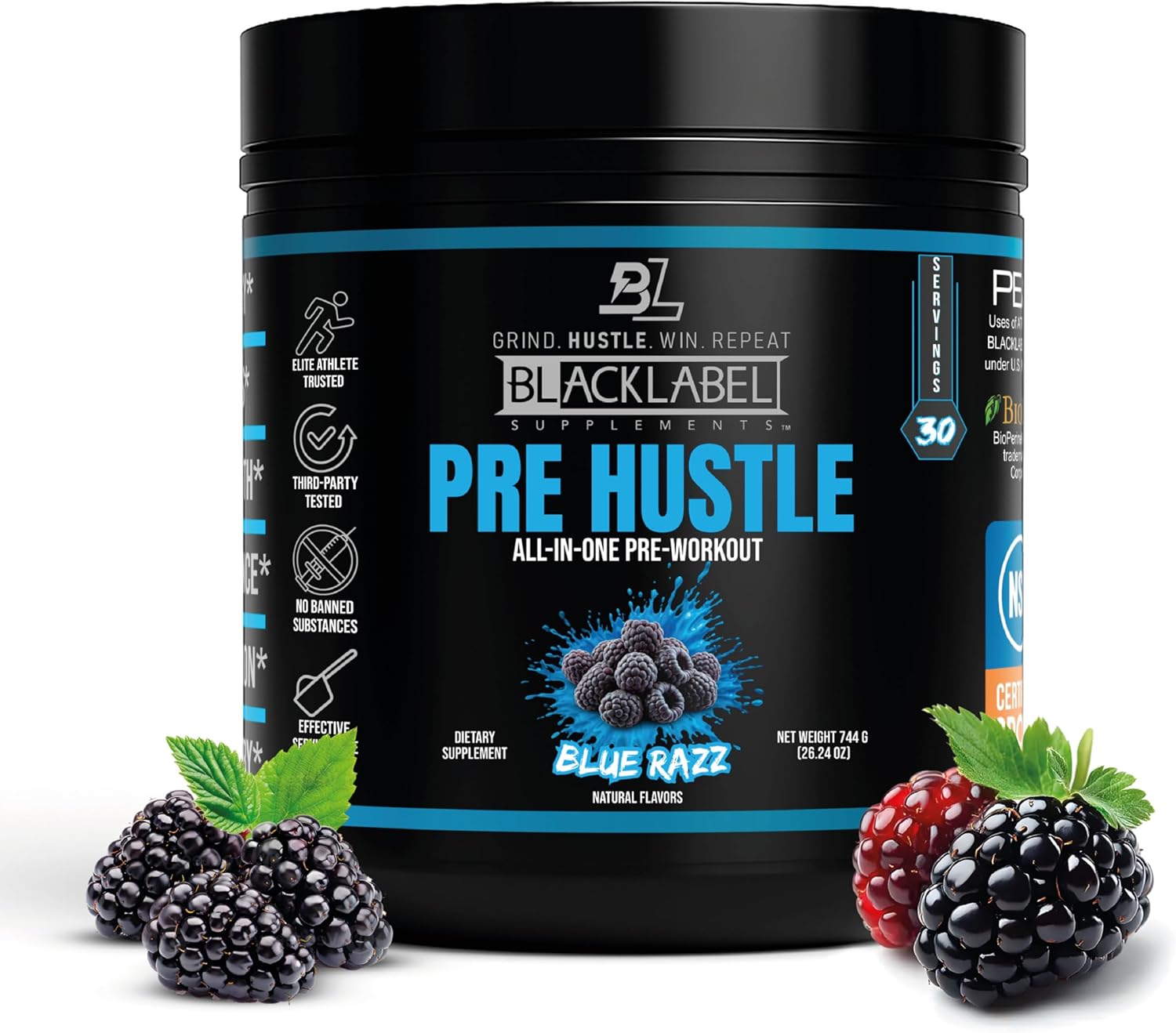BLACKLABEL Supplements PRE Hustle V3 Pre-Workout Powder – NSF Certified for Sport – Energy, Strength & Endurance Support – Blue Razz – with Creatine & Caffeine – 30 Servings