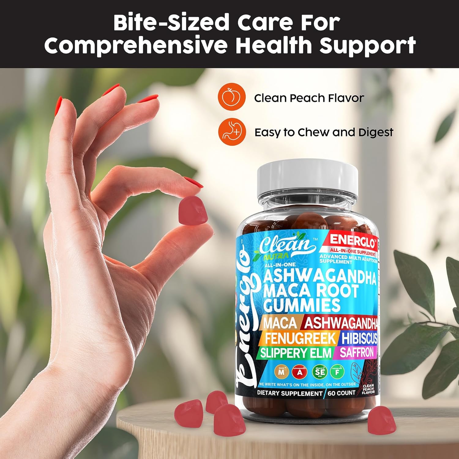 Ashwagandha Maca Root Gummies with Fenugreek Hibiscus Slippery Elm Saffron Extract & Beta Carotene | Peach Flavor Vegan Gummy Vitamins Adaptogen Cortisol Supplement Energlo by Clean Nutra (5)