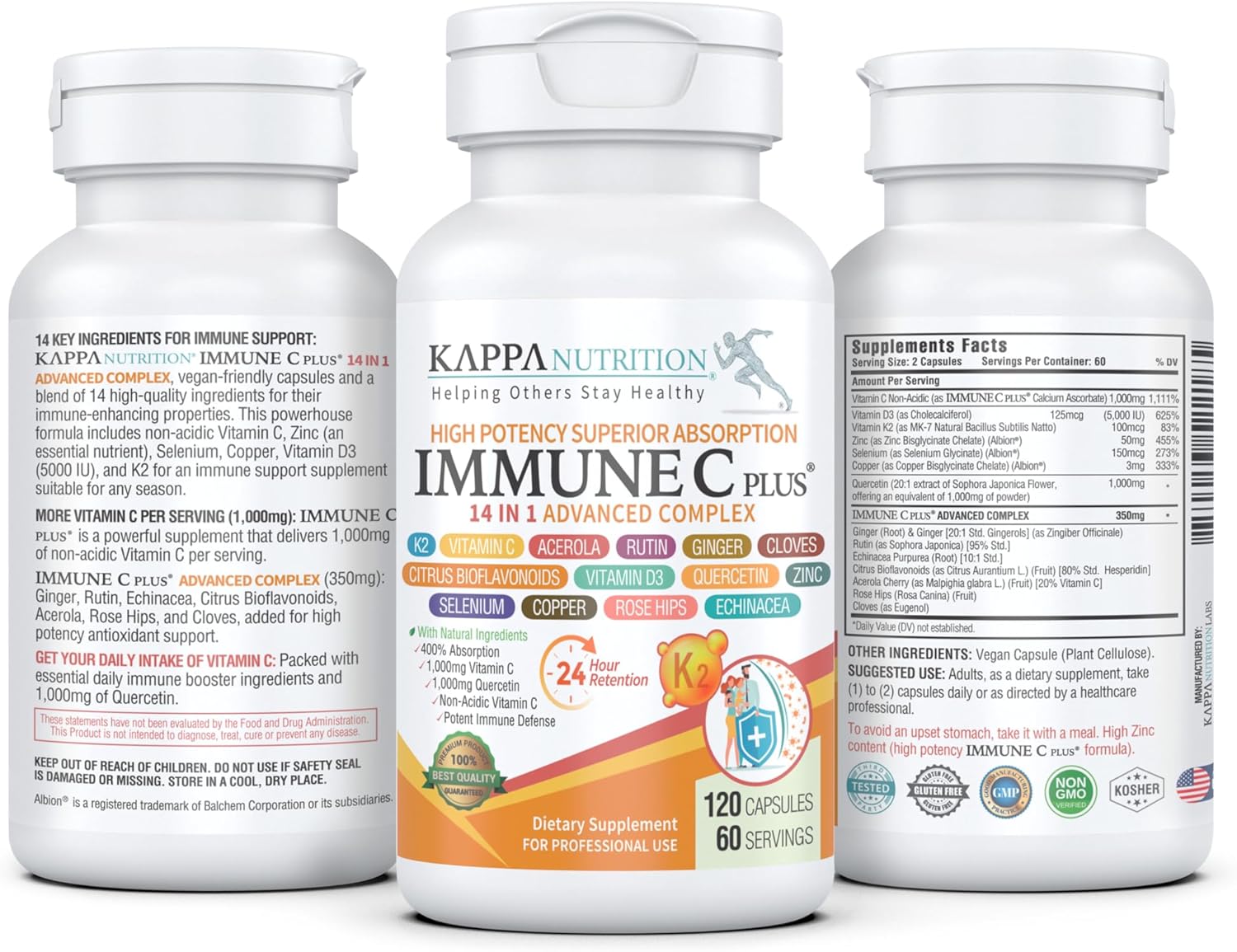 Quercetin 1,000mg, Vitamin C 1,000mg, Zinc 50mg, Vitamin D3 5,000iu, Selenium, Copper, Acerola, Ginger, Rutin, Bitter Orange, Rose Hips, Echinacea, Immune C Plus, 14 in 1 Immune C Plus (120 Count)