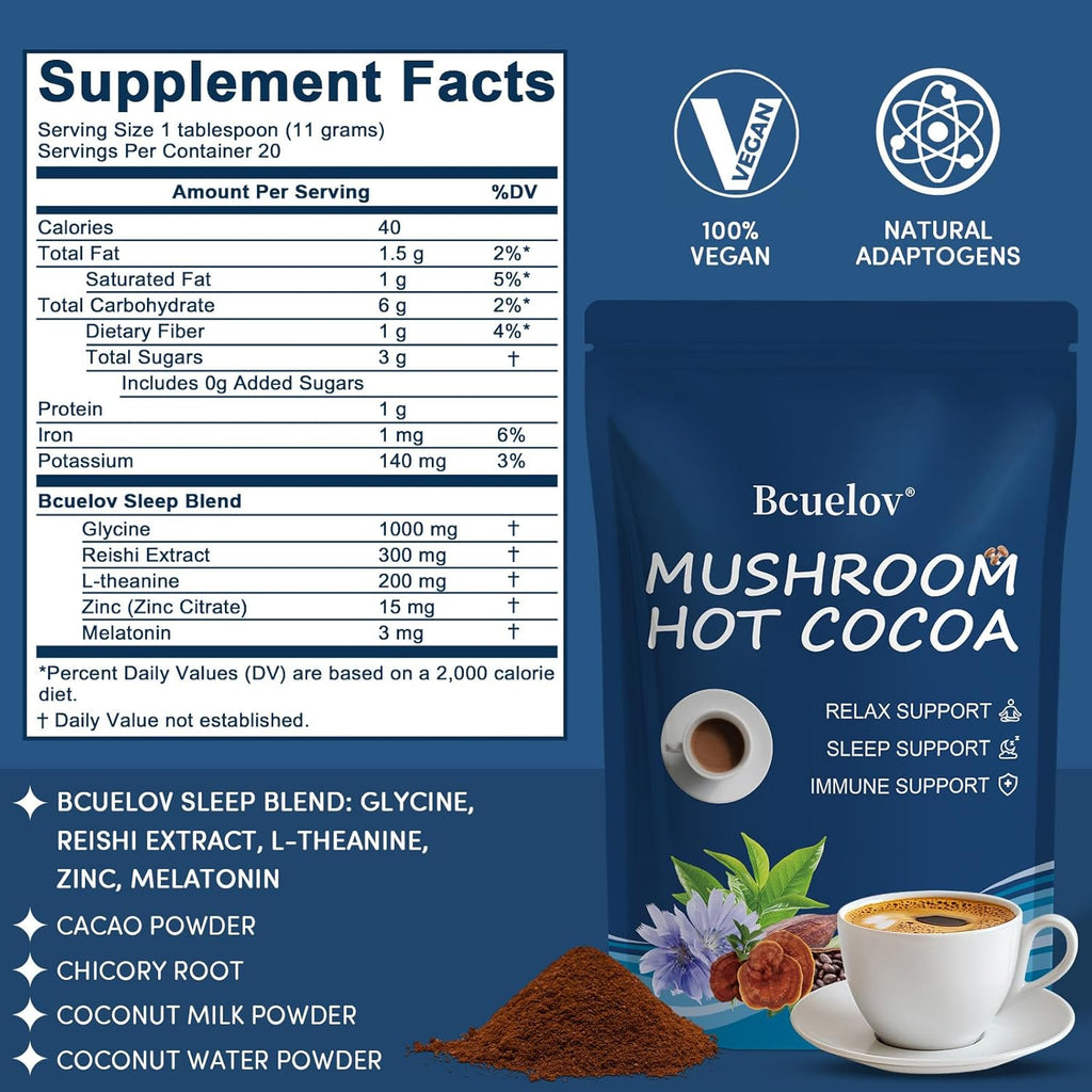 Mushroom Hot Cocoa, Cocoa Powder with Reishi Mushroom, Melatonin, Glycine, Cacao, L-Theanine, Chicory to Help Fall Asleep and Stay Asleep, 20 Servings