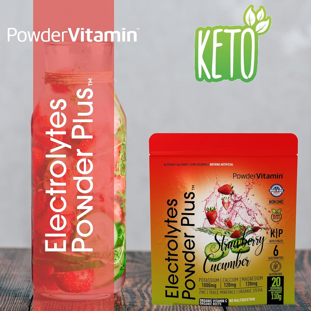 PowderVitamin Electrolytes Powder Plus (20 Servings) Strawberry Cucumber Electrolyte Powder Zero Calorie Keto,0Sugar,No Maltodextrin,1000mg Potassium,120mg Calcium,120mg Magnesium, Pink Himalayan Salt