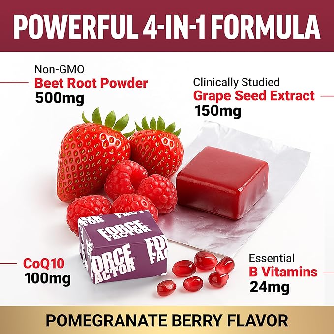 Force Factor Total Beets Ultimate Heart Health Chews for Blood Pressure Support, with Beetroot Powder, CoQ10, B Vitamins & Grapeseed Extract for Blood Flow & Energy, Pomegranate Berry, 60 Soft Chews