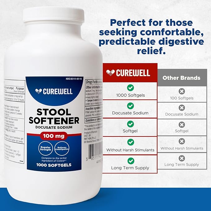 Stool Softener Docusate Sodium 100mg Softgels (1000 Count) | Gentle Non-Stimulant Laxative for Constipation & Irregularity | Comfortable Constipation Relief Stool Softener for Men & Women