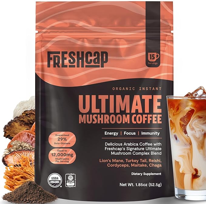 Mushroom Coffee 12,000 mg – Organic Instant Coffee with 6 Adaptogenic Mushrooms & 29% Beta-Glucans – Nootropic for Clean Energy, Focus, No Jitters, Gut Health & Immune Support (15 Servings)