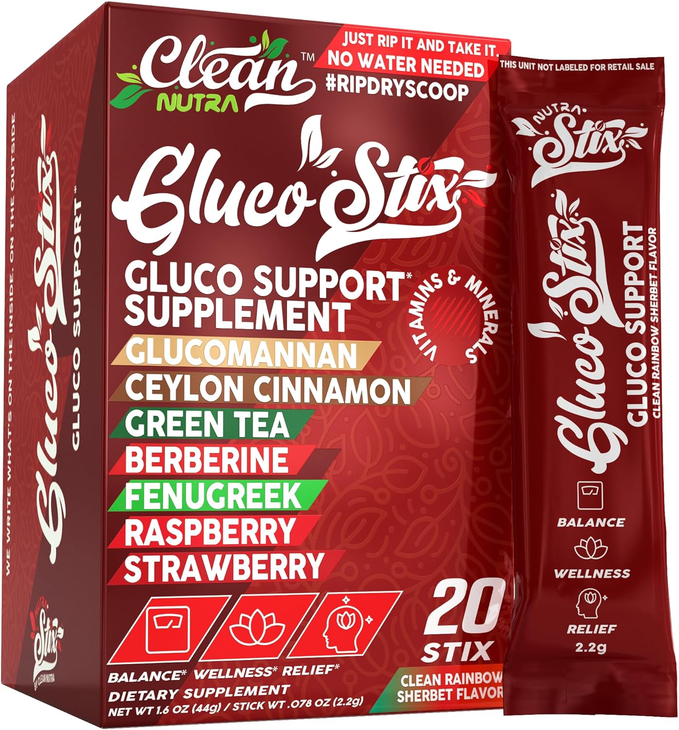 Clean Nutraceuticals Ceylon Cinnamon Powder, Green Tea Extract, Glucomannan, Berberine Supplement, Chromium Picolinate, Apple Cider Vinegar – Rainbow Sherbet Powder Sticks - 20 Count