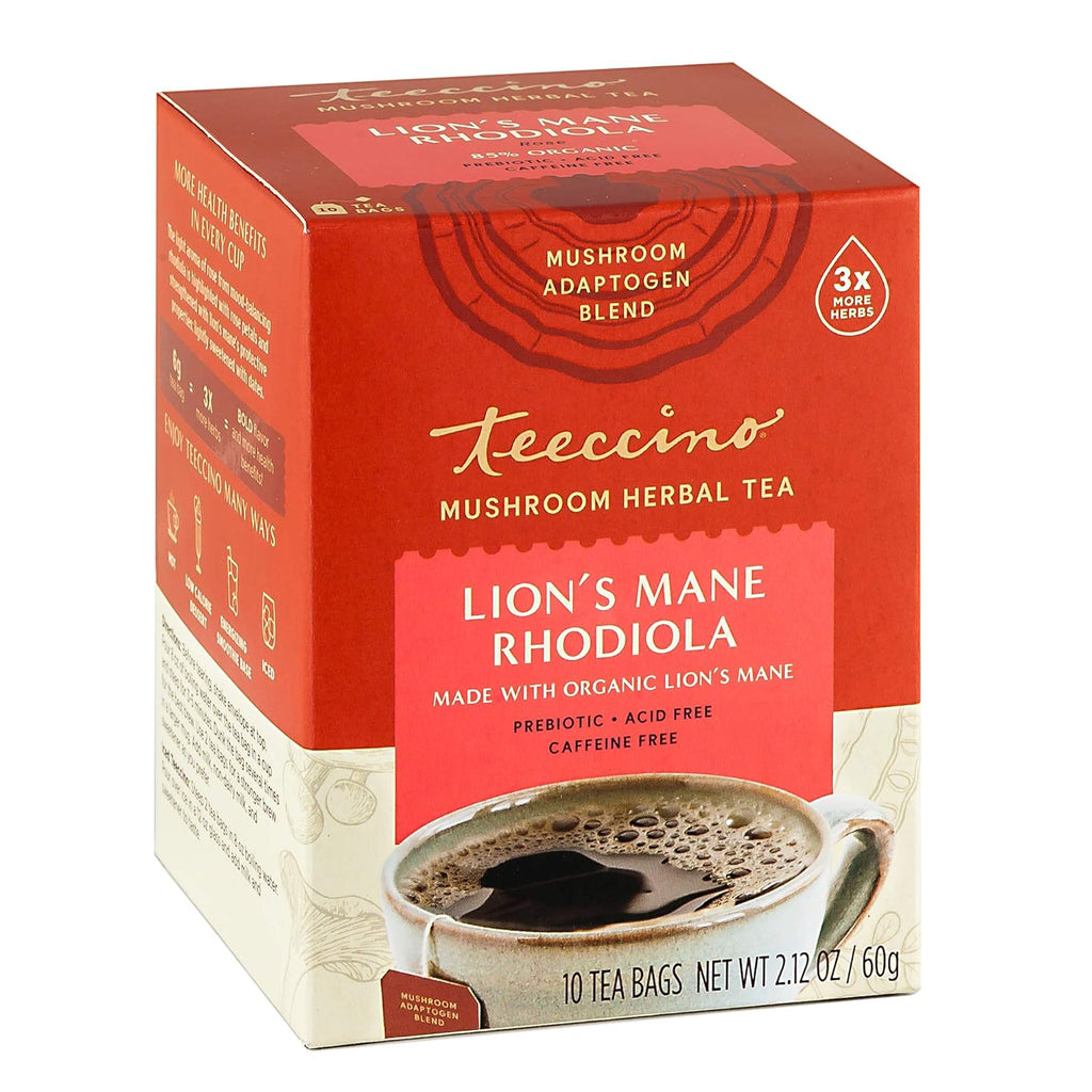 Teeccino Caffeine-Free Mushroom Adaptogenic Herbal Tea - Lion’s Mane Rhodiola Tea - Rose, 3x More Herbs than Regular Teas, Lightly Sweet from Dates & Figs, Chicory Prebiotic - 10 Tea Bags