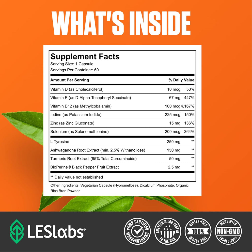 LES Labs Thyroid Support – Metabolic Health, Thyroid Hormone Production, Energy & Focus – Iodine, L-Tyrosine, Ashwagandha, Selenium & Turmeric – Non-GMO Supplement – 60 Capsules