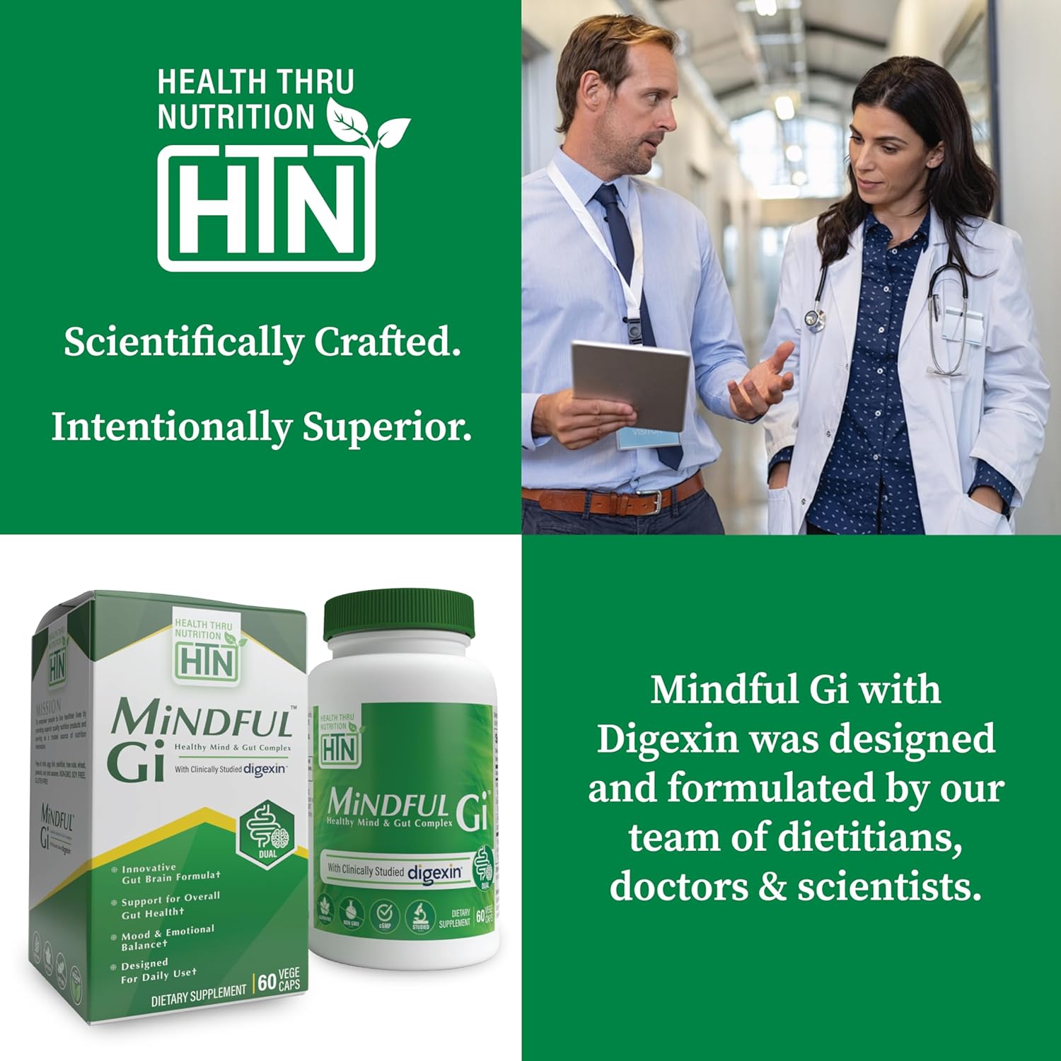 Health Thru Nutrition Mindful GI - Healthy Mind & Gut Complex | with Digexin, Magnesium, L-Glutamine, and Probiotic for Gut-Brain Axis Support | Regularity, Bloating, Calmness Supplement