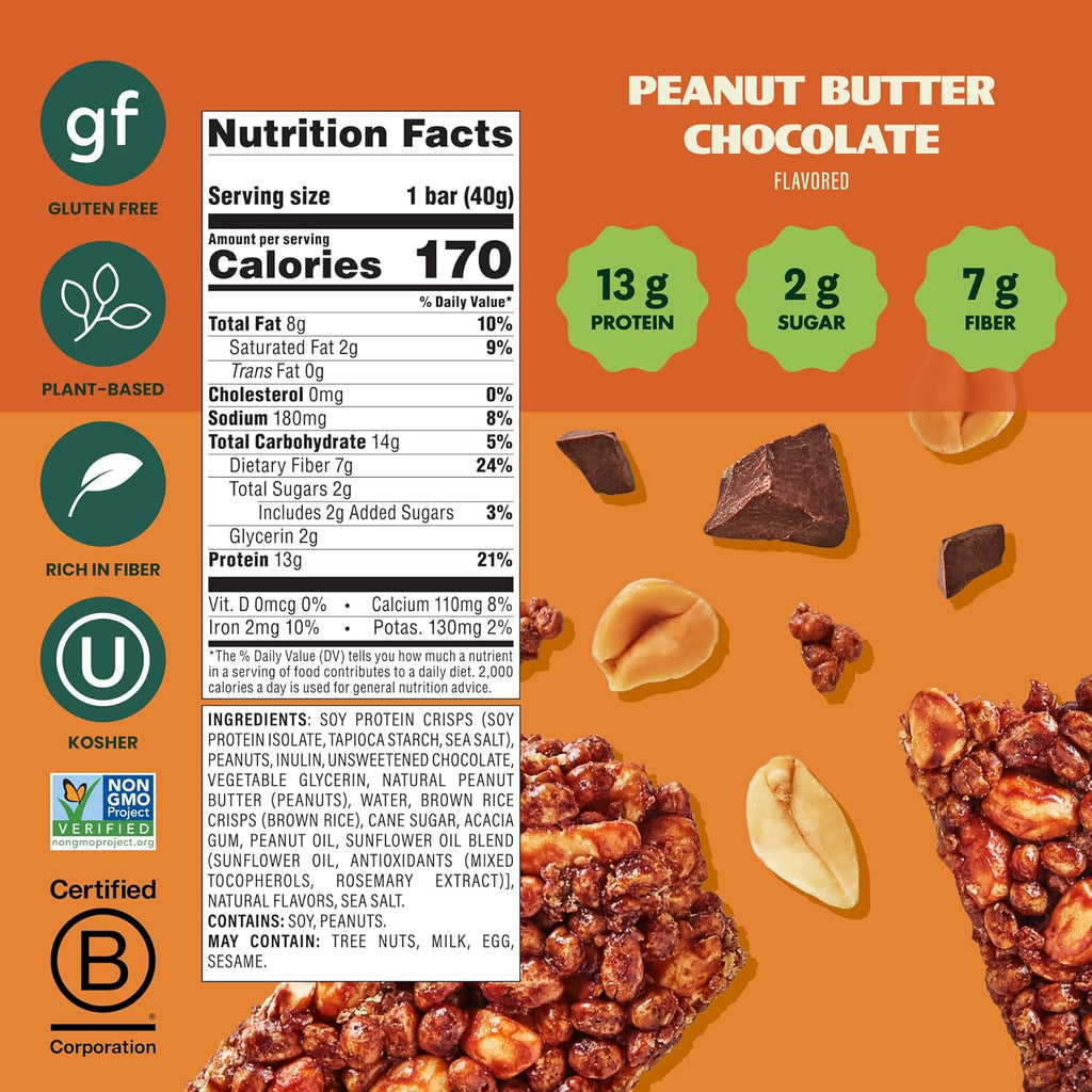 Simply Protein - Peanut Butter Chocolate Crispy Bars - Plant Based Protein Bars - Low Carb, Low Sugar, High Fiber - 13g Protein, 2g Sugar, 7g Fiber - Vegan, Gluten Free, Non GMO, Kosher - 24 Bars