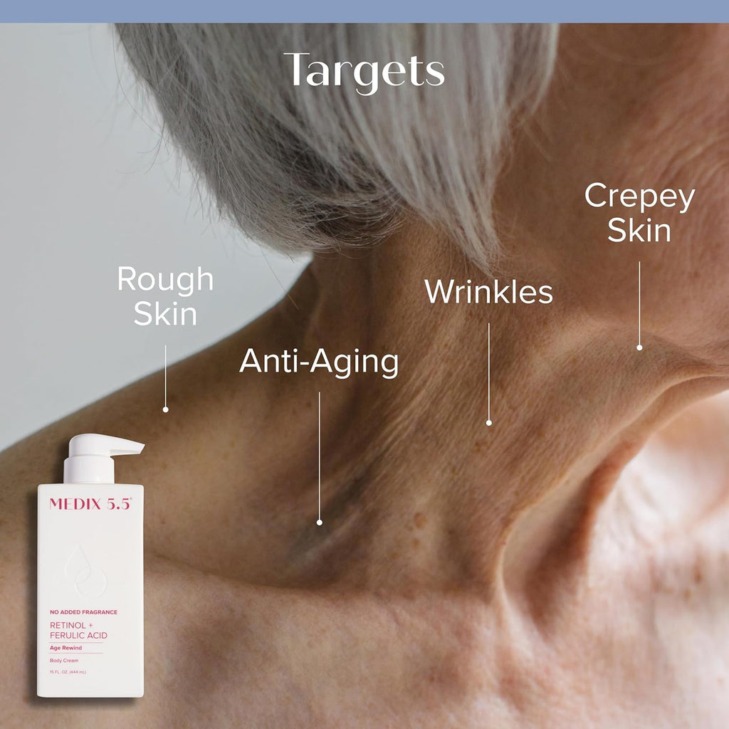 MEDIX Fragrance Free Firming Retinol Body Lotion + Brightening Vitamin C Cream 2pc Skin Care Set | Crepey Skin Care Treatment | Anti Aging Body Cream & Face Moisturizer For Crepe Skin & Dark Spots
