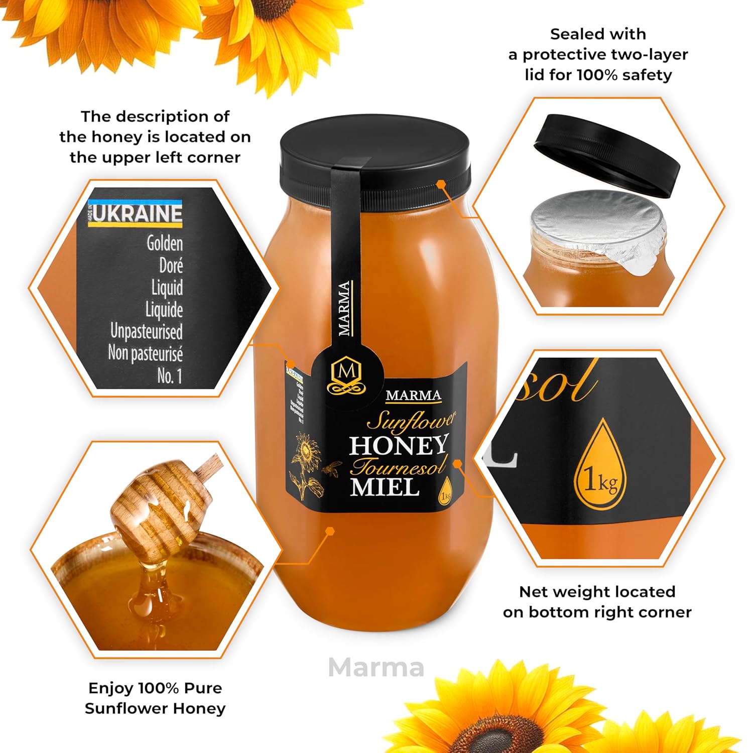 HONIGMA® Marma Sunflower Honey | Authentic Raw Honey from Ukraine | 100% Pure, Unpasteurized & Fully Crystallized | 1000g/35.2oz | Naturally Solid Texture | Pack of 2