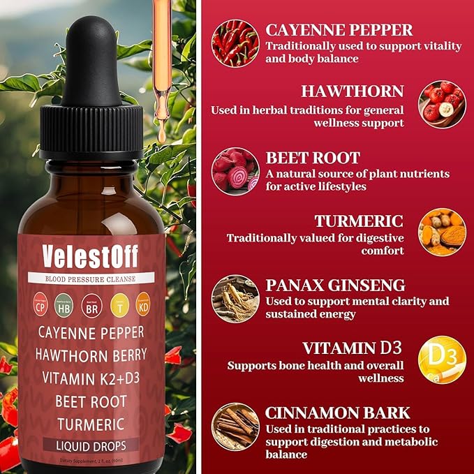 Velestoff Cayenne Pepper | Cayenne Heart & Circulation Blend – Botanical Extracts with Hawthorn, Beet Root, Turmeric, Vitamin K2 & D3 – Daily Wellness Drops (2 fl oz) (2)