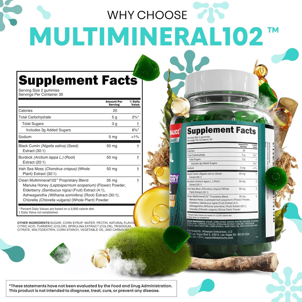 Sea Moss Gummies | Clinically Tested - Black Seed Oil Ashwagandha Elderberry Burdock Root Chlorella Manuka Honey - Vegan Irish Sea Moss Gummy Vitamins for Adults Kids Men Women - Green Apple Flavor