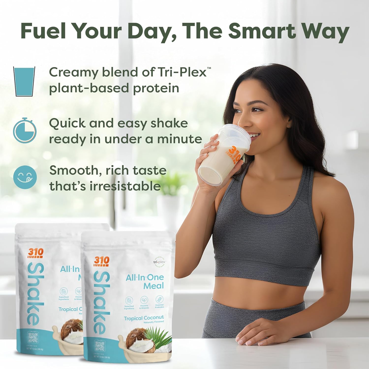 310 Nutrition All-In-One Meal Replacement Shake Powder - Plant-Based Protein Smoothie Blend w/High Fiber, Probiotics & Adaptogens - Low Carb, Vegan, Keto & Paleo Friendly - Tropical Coconut - 28 Srv