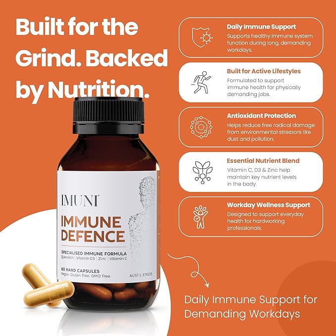 IMUNI Defense Support for Construction & Physical Labor – Daily Upper Respiratory & Wellness Formula with Quercetin, Vitamin C D and Zinc – 60 Capsules