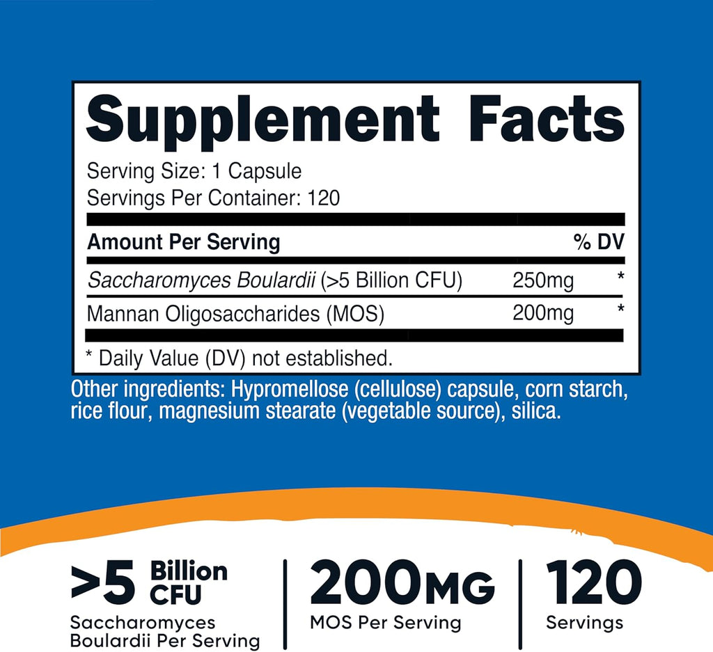 Nutricost Saccharomyces Boulardii + MOS Capsules (>5 Billion CFU) 120 Capsules - Prebiotic + Probiotic, 200mg of MOS Per Serving