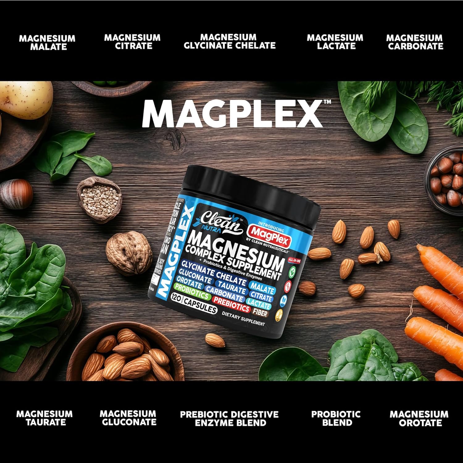 8in1 Magnesium Supplement Complex | Magnesium Glycinate Citrate Malate Gluconate Orotate Carbonate Lactate + Prebiotics Probiotics Digestive Enzymes Magnesio Capsules for Women Men by Clean Nutra