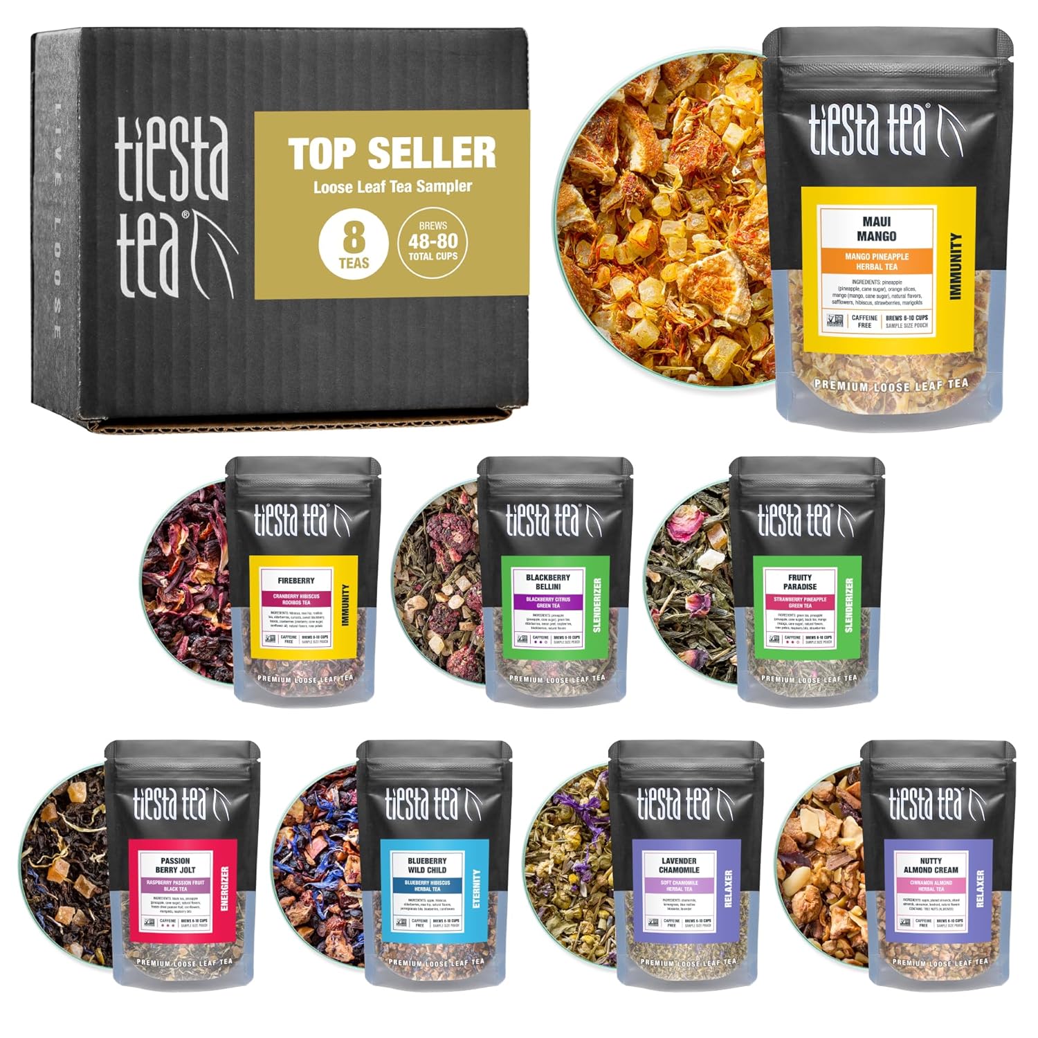 Tiesta Tea - Top 8 Favorites Sampler Set, Loose Leaf, Up to 80 Cups, High to No Caffeine, Hot & Iced, Tea Variety Pack with Green, Herbal, Black & Chai Brew, 8 Sample Pouches