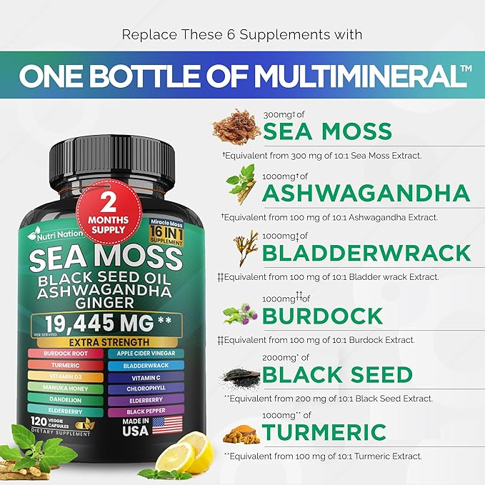 Sea Moss Black Seed Oil Ashwagandha and Burdock Root 16 in 1 Supplement 2 Bottles