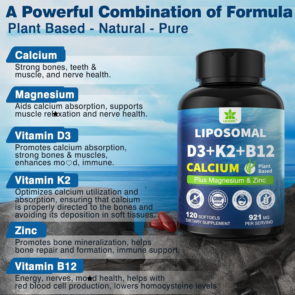 6-in-1 Plant Based Calcium Supplements for Women Men- Calcium 600mg w/ D3 K2 5000 IU Vitamin, Liposomal & Algae Ca-lcium Magnesium Zinc + Vegan Vitamin D 5000 IU + K2 MK7 + Methyl B12 for Bone, 1 Pack