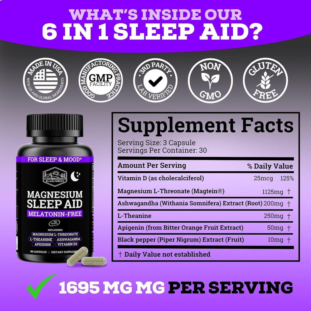 Black Forest Ashwagandha Magnesium Sleep Aid (6-in-1) - Magtein Magnesium L-Threonate, L-Theanine, Apigenin Supplement for Sleep 3 Enhanced with (Ashwagandha L theanine & Vitamin D)
