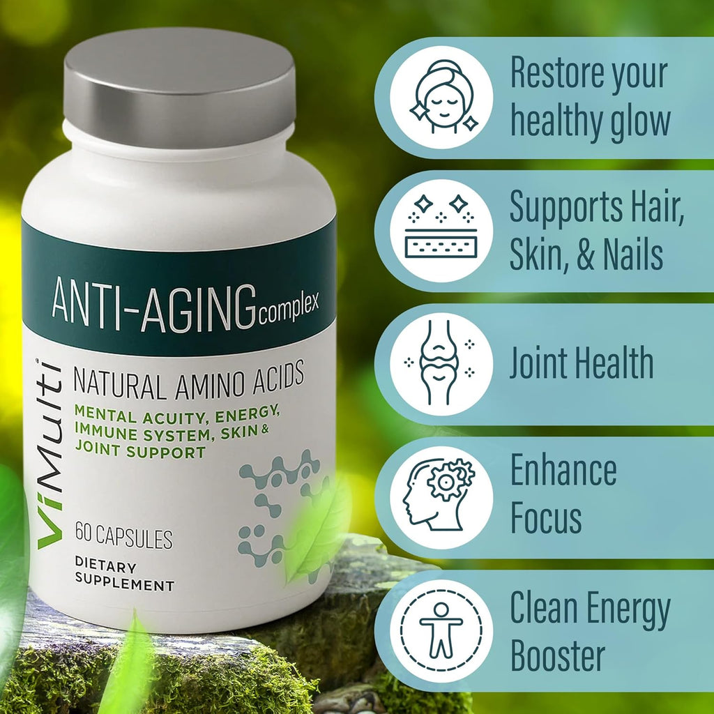 Anti-Aging Natural Amino Acids Supplement for Women & Men – Supports Immune Health, Energy, Smoother Skin Tone, & Restorative Sleep, Anti-Aging Supplement Pills for Longevity, 60 Capsules