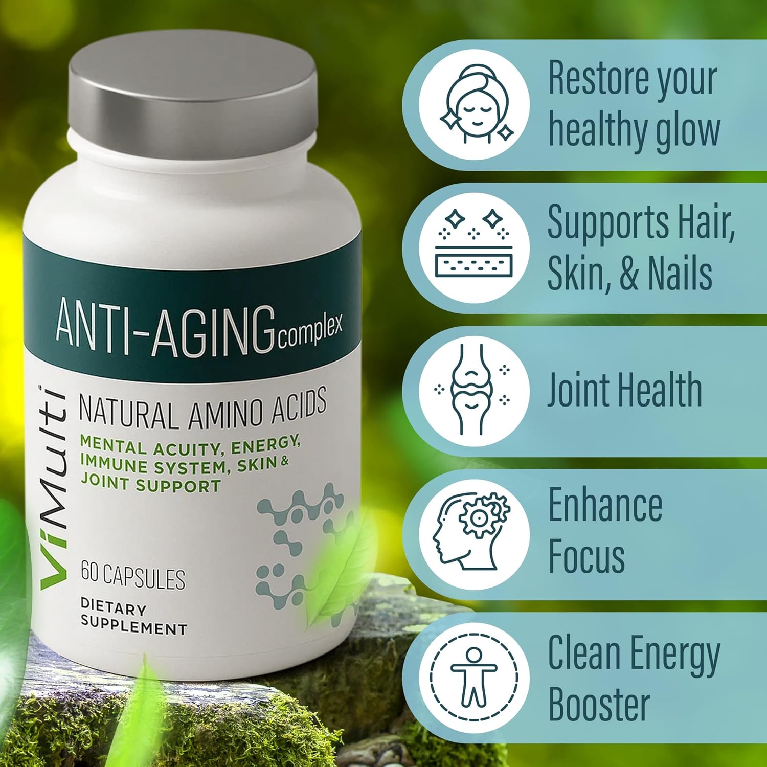 Anti-Aging Natural Amino Acids Supplement for Women & Men – Supports Immune Health, Energy, Smoother Skin Tone, & Restorative Sleep, Anti-Aging Supplement Pills for Longevity, 60 Capsules