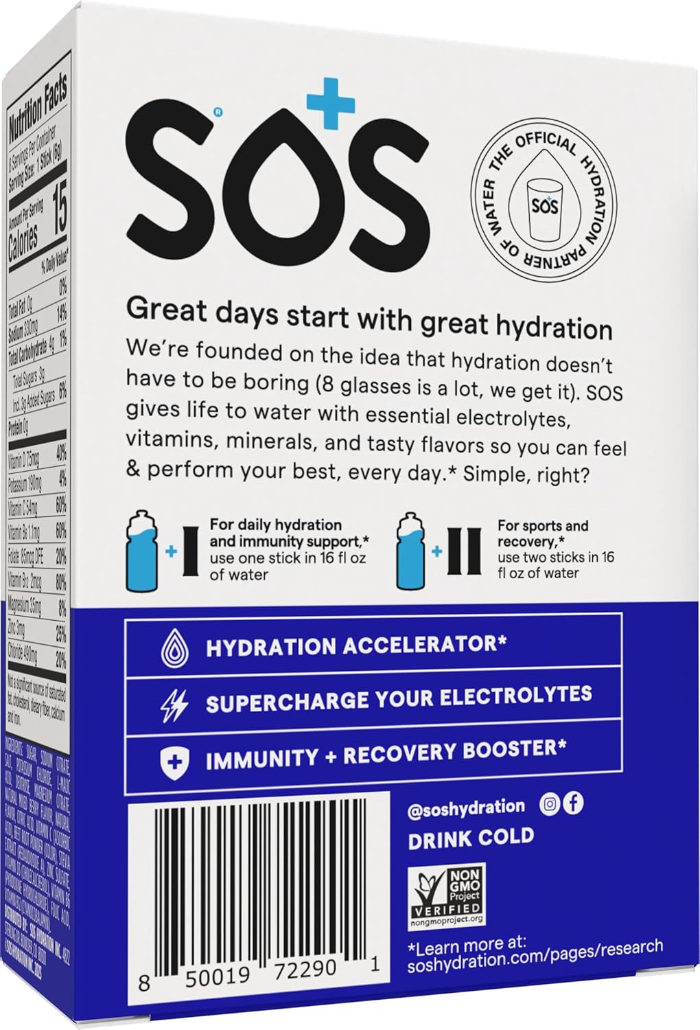 SOS Hydration Electrolyte Powder 8 Stick Packs – Low-Calorie, Rapid Rehydration, Made in USA, Keto (8 Servings, Mixed Berry)