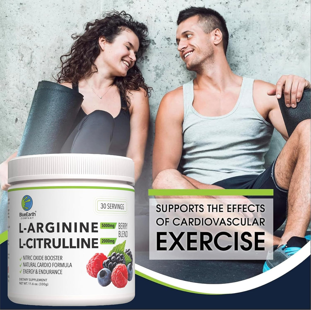 L-Arginine 5000mg + L-Citrulline 2000mg Complex Powder Supplement - Nitric Oxide Booster - Heart Health, Blood Flow, Energy & Endurance - 30 Servings (Berry Blend)