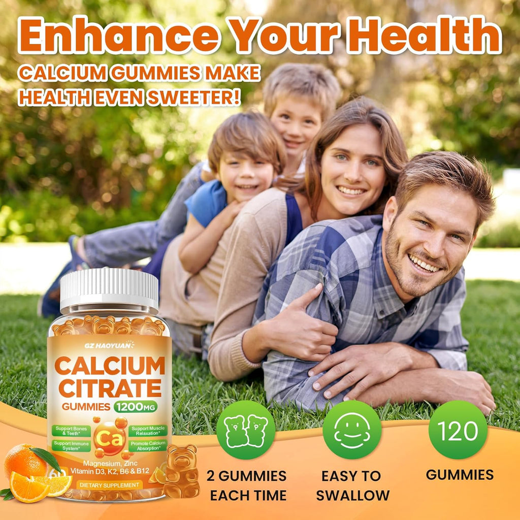Calcium Citrate Gummies - 1200mg Calcium Gummies Supplements for Women & Men with Vitamin D3, K2, Magnesium, Zinc High Absorption for Bone, Muscle & Immune Support, Orange Flavor, 120 Count