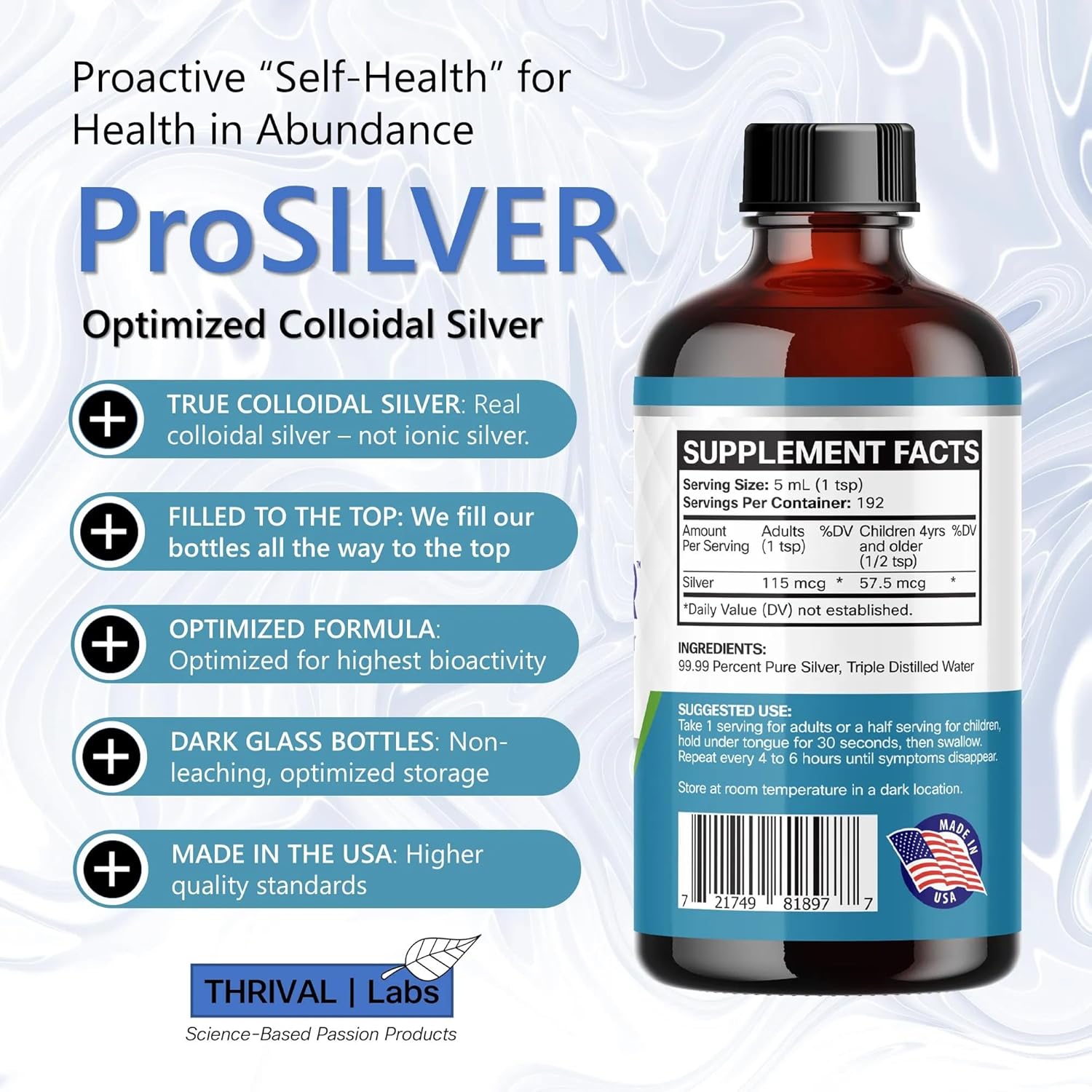 ProSILVER Blue Label 20 PPM Colloidal Silver Liquid (8oz), Optimized Bio-Active Liquid Silver Nanoparticles for Immune Support, Dark Glass Bottle - Thrival Labs