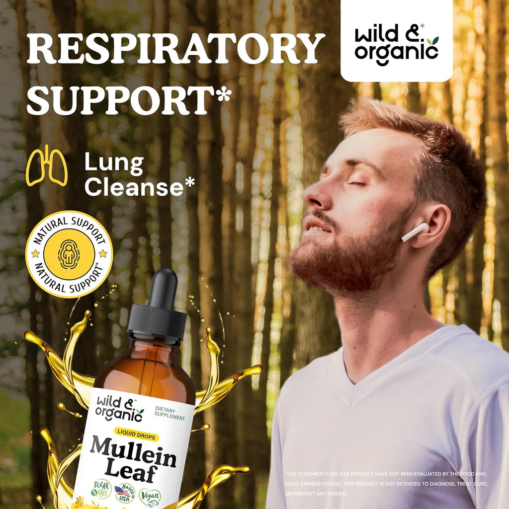 Wild & Organic Mullein Tincture - Lung Cleanse and Detox - Liquid Mullein Leaf Extract for Lungs with Echinacea - Verbascum Thapsus Drops - Vegan, Sugar & Alcohol-Free Supplement - 4 fl oz