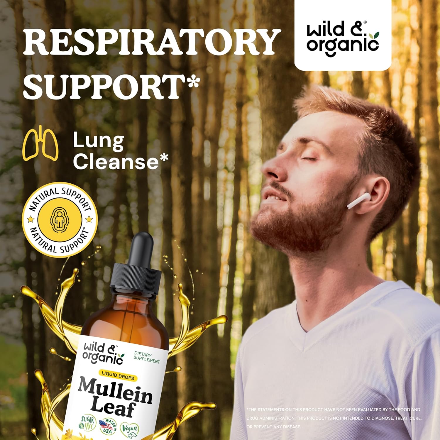 Wild & Organic Mullein Tincture - Lung Cleanse and Detox - Liquid Mullein Leaf Extract for Lungs with Echinacea - Verbascum Thapsus Drops - Vegan, Sugar & Alcohol-Free Supplement - 4 fl oz