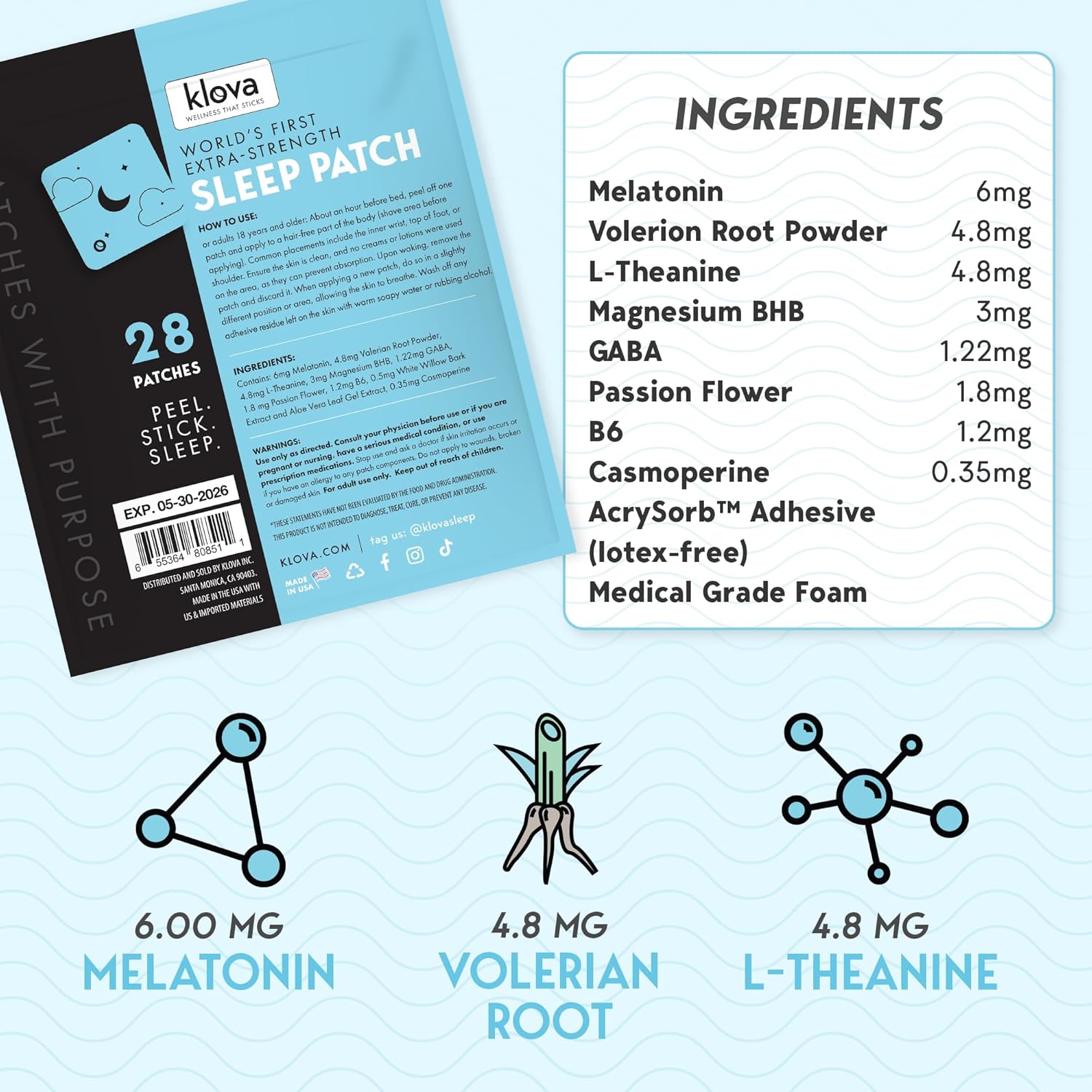 Klova Extra Strength Sleep Patches for Adults for Longer-Lasting Rest & Clear Morning Energy, with 6mg Melatonin and Natural Ingredients Like Valerian, Passion Flower, L-Theanine & More