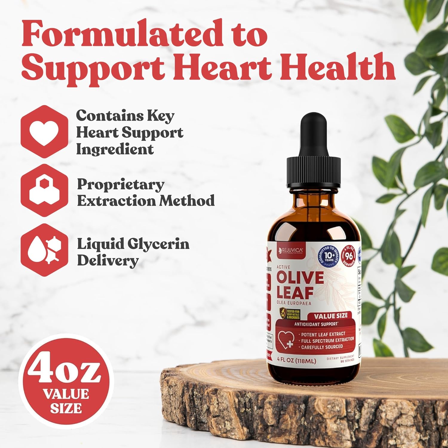 Rejuvica Health Active Olive Leaf 4oz XL Super Size Tincture - Advanced Olive Leaf Liquid Extract - Naturally Occurring Oleuropein - Immune & Heart Support Drops